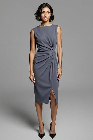 Grey Ruched Bodycon Midi Work Dress With Slit